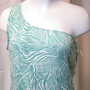 Nine West Dress 3X Green Zebra Tropical BodyCon Midi One Shoulder Ribbed Plus